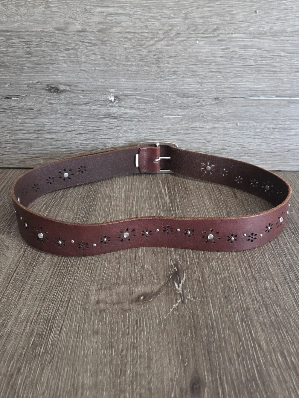 Aeropostale Brown Leather Western Boho Flower Rhinestone Belt 38.5